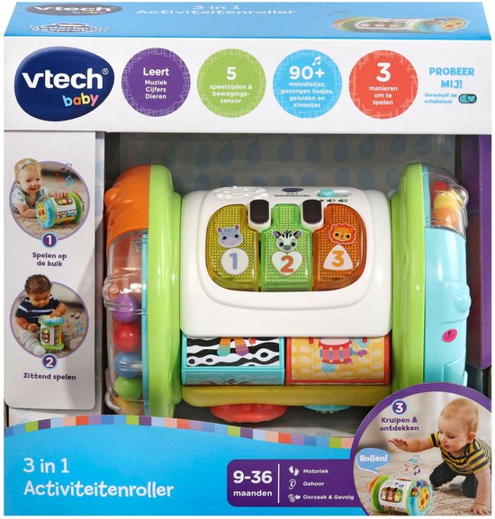 VTech Baby 3-in-1 Kruiprol - Educatief Speelgoed - Activiteitenroller met Lichts- en Geluidseffecten - Baby Speelgoed