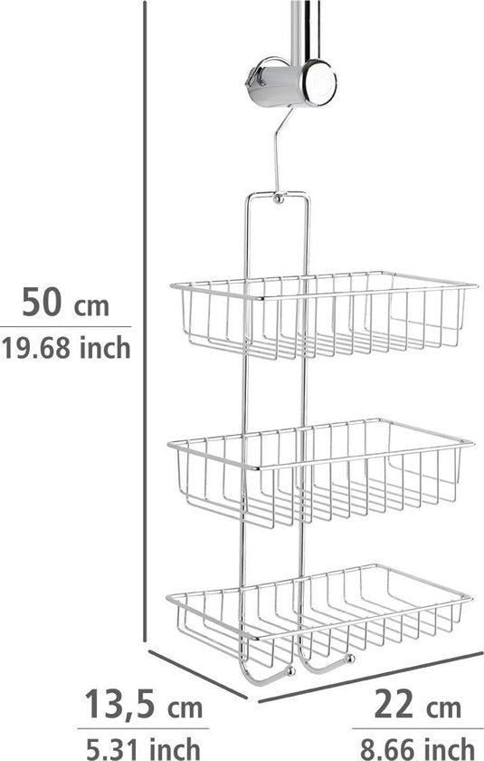 WENKO Doucherek Nivala 3-laags chroom 22x50cm - Doucherek zonder boren - Doucherek hangend - Douchemand - Douchecaddy ophangbaar