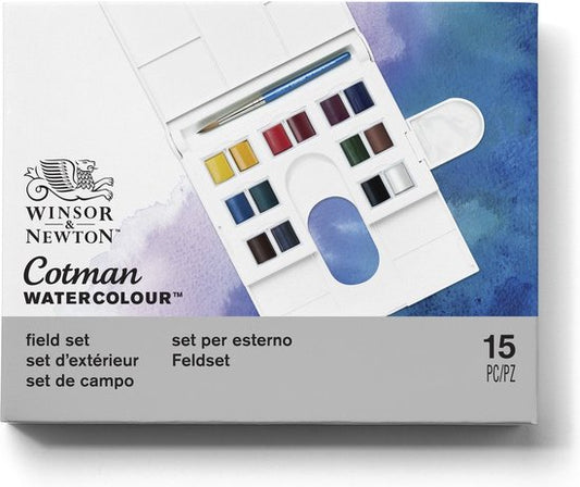 Winsor & Newton 0390083 Cotman Aquarelverf Set – Field Set – 14 Halve Napjes Waterverf – Compacte Reis Aquarelset met Penseel