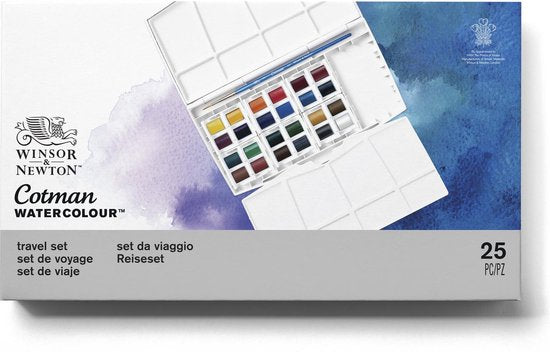 Winsor & Newton 0390376 Cotman Aquarelverf Set – Travel Set – 24 Halve Napjes – Complete Waterverf Set met Penseel & Mengpaletten