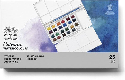 Winsor & Newton 0390376 Cotman Aquarelverf Set – Travel Set – 24 Halve Napjes – Complete Waterverf Set met Penseel & Mengpaletten