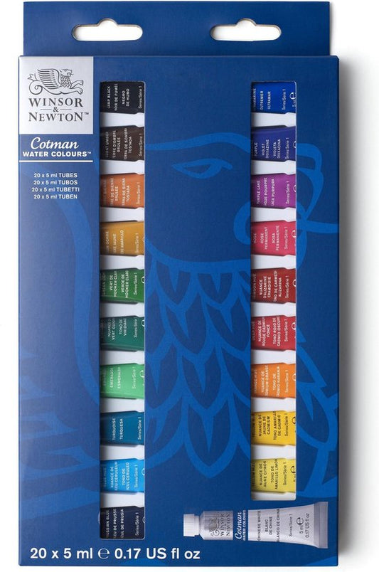 Winsor & Newton 0390665 Cotman Aquarelverf Set – Beginners Set 20 x 5 ml – Essentiële Waterverfkleuren met Hoge Kwaliteit Pigmenten