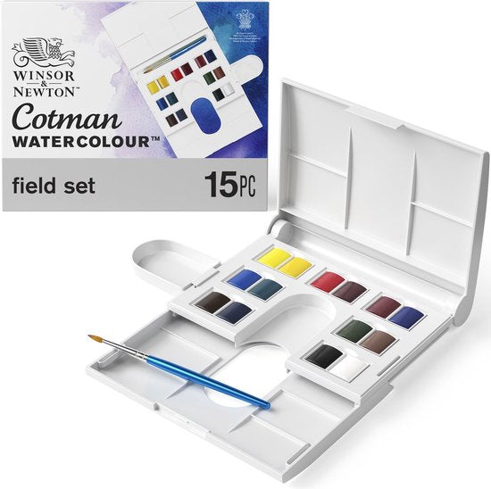 Winsor & Newton 0390083 Cotman Aquarelverf Set – Field Set – 14 Halve Napjes Waterverf – Compacte Reis Aquarelset met Penseel