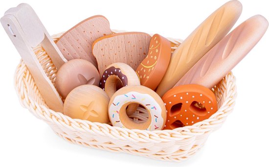 Woet® Houten Broodmandje Speelset - Diverse Broodjes & Gebak in Mandje met Tang - Rollenspel Bakkerswinke