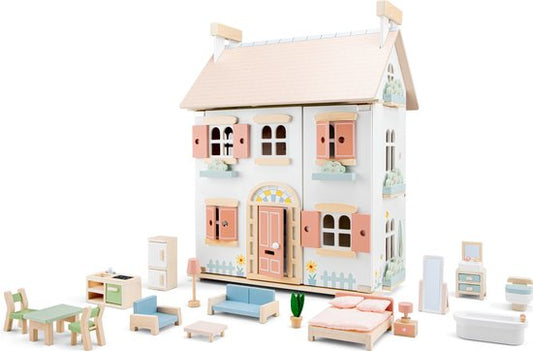 Woet® Houten Poppenhuis - Compleet met 20 Meubels - Pastelkleurig Roze Speelhuis voor Kinderen - FSC - Rollenspel Speelgoed - Vanaf 3 Jaar