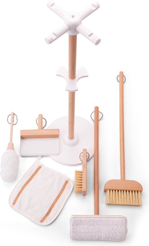 Woet® Houten Speelgoed Schoonmaakset met Standaard - 6-delig met Bezem, Dweil, Stoffer & Blik - FSC - Rollenspel Schoonmaken - Vanaf 3 Jaar