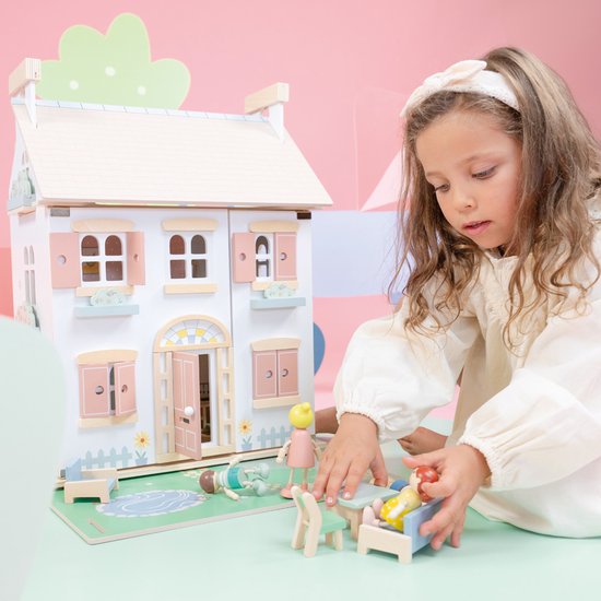 Woet® Houten Poppenhuis - Compleet met 20 Meubels - Pastelkleurig Roze Speelhuis voor Kinderen - FSC - Rollenspel Speelgoed - Vanaf 3 Jaar