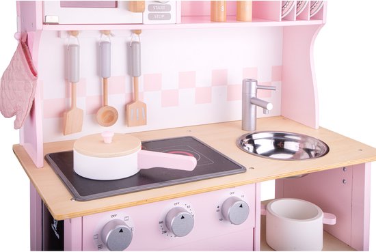 Woet® Houten Speelgoed Kinderkeuken - Speelkeukentje met Kookplaat met Licht en Geluid - Speelkeuken Roze met Diverse Accessoires - Werkbladhoogte 55 cm - Rollenspel - Vanaf 3 Jaar